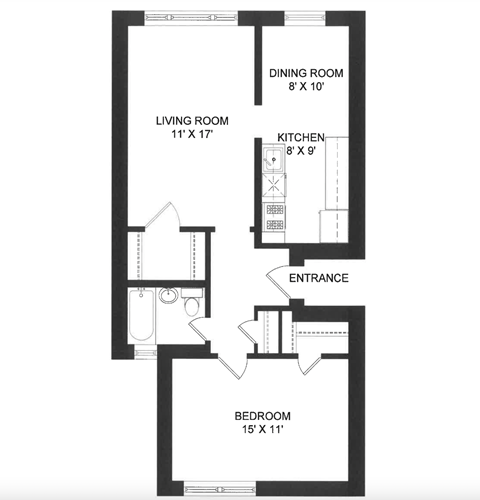 Floor plan for 1 bed, 1 bath, 695 sqft